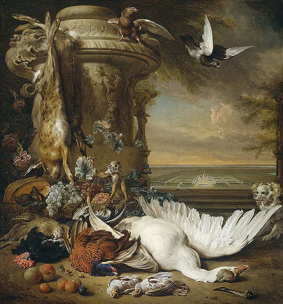 A monkey and a dog beside dead game and fruit, with the estate of Rijxdorp near Wassenaar in the background